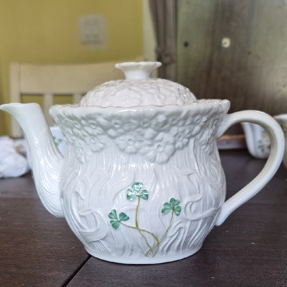 Belleek Cream Teapot with Green Accents